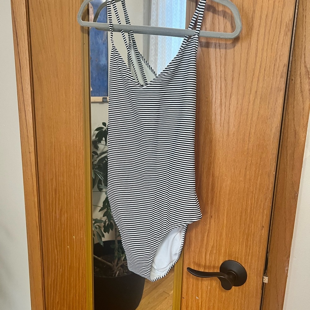 aerie Black and White Striped V-Back One-Piece Swimsuit